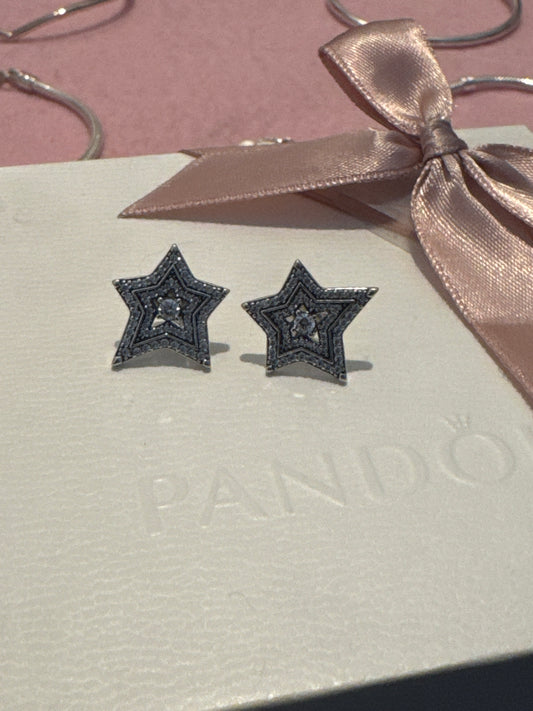 Genuine Pandora Large Asymmetrical Star Pave Earrings Studs