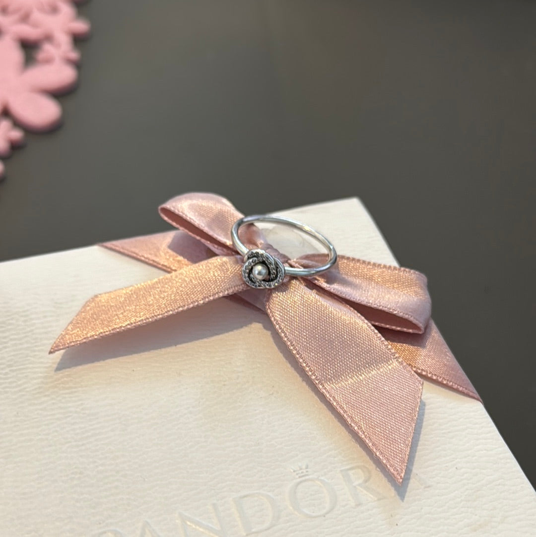 Genuine Pandora Pave Pearl Flower Ring Size 60