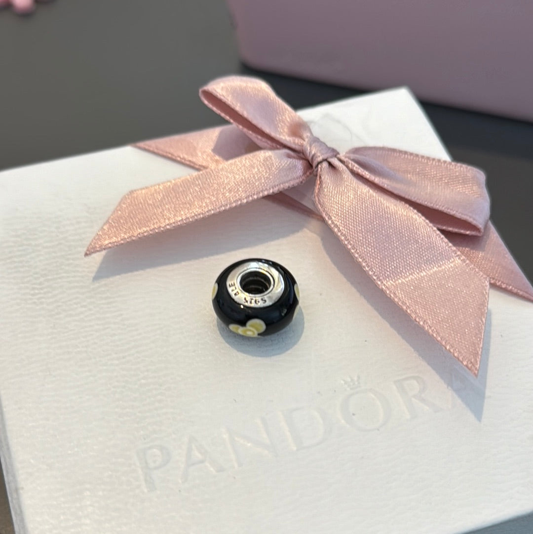Genuine Pandora Black Glass Charm with Yellow Roses