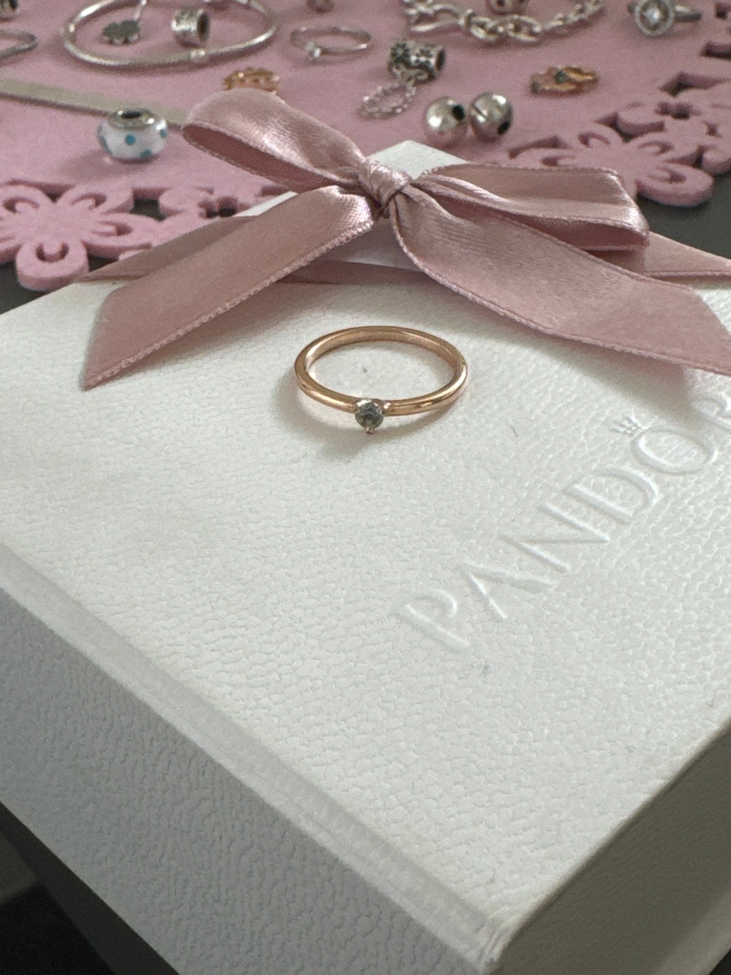 Genuine Pandora Rose Gold Pave Blue Stone 50 Solitaire Ring