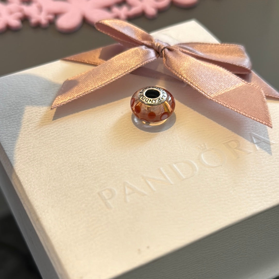 Genuine Pandora Murano Charm With Orange Dots Polka