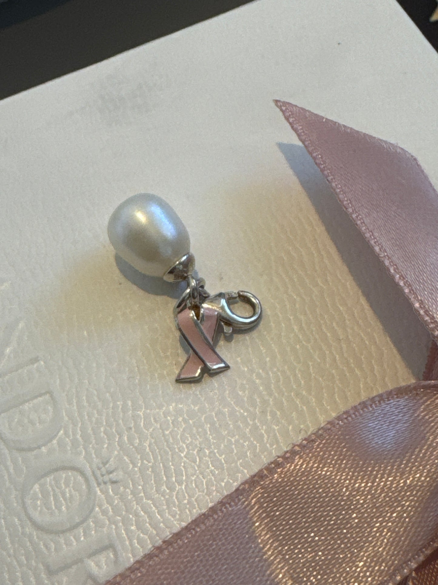 Genuine Thomas Sabol Pearl and Enamel Breast Cancer Ribbon Dangle Charm