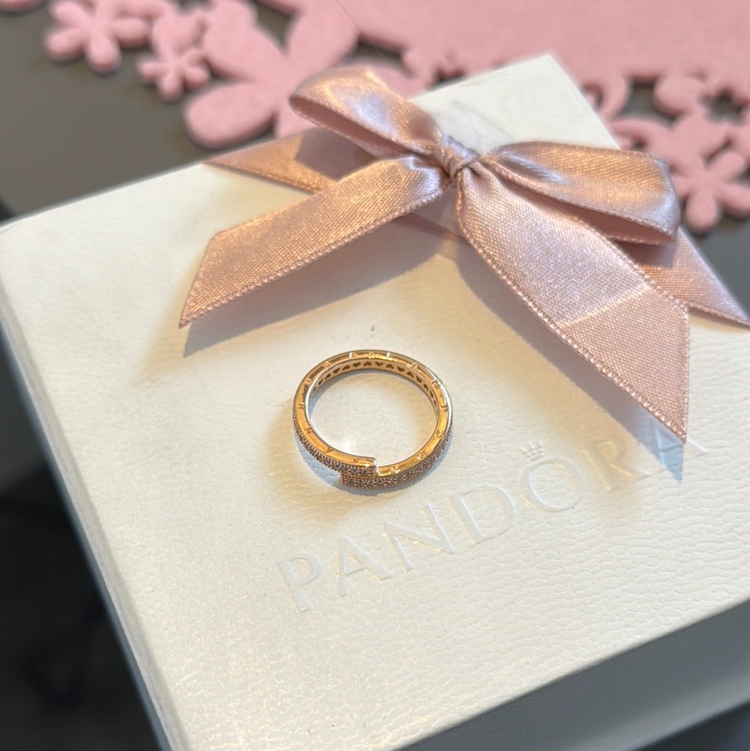 Genuine Pandora Rose Gold / Silver Pave Sparkle Line Logo Ring Size...