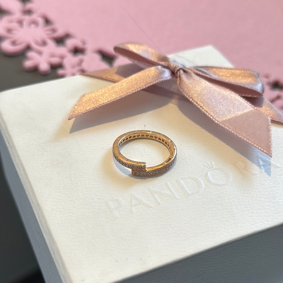 Genuine Pandora Rose Gold / Silver Pave Sparkle Line Logo Ring Size...