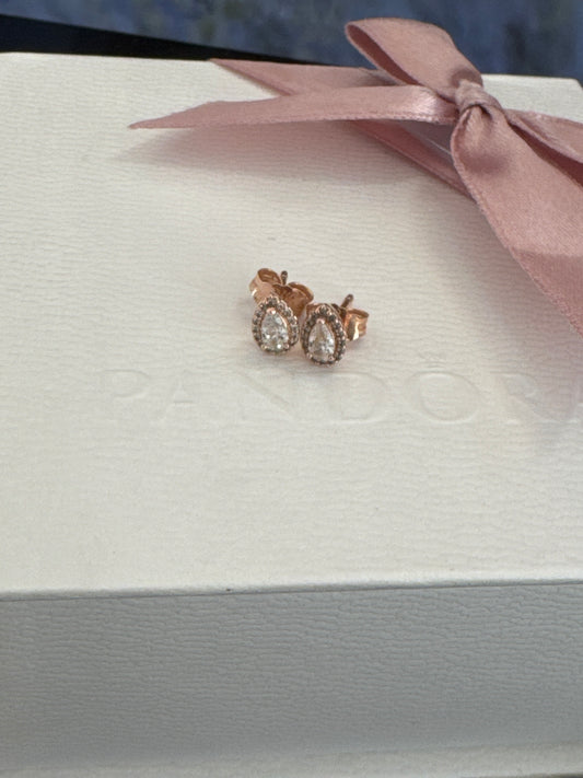 Genuine Pandora Rose Gold Small CZ Clear Teardrop Earrings Studs