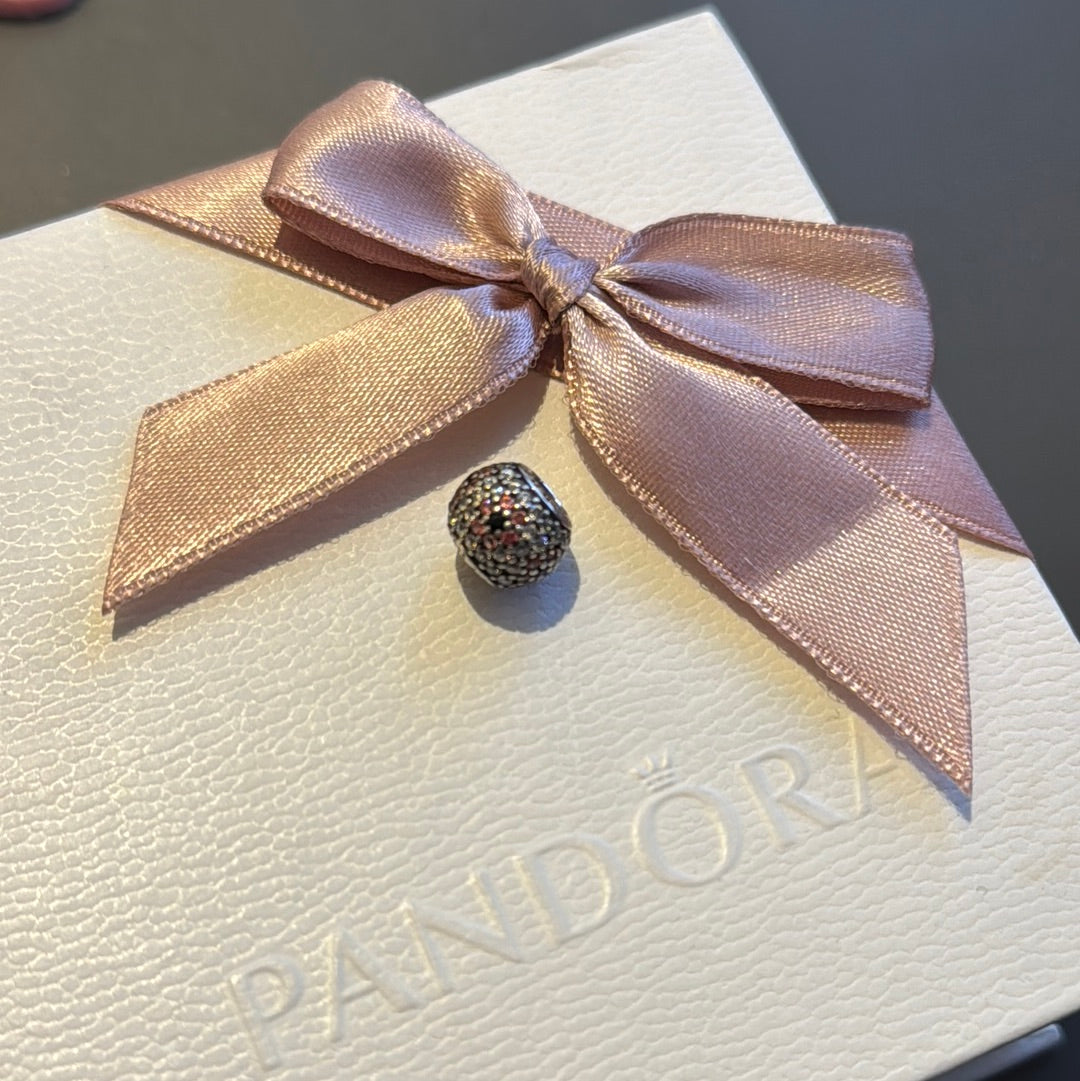 Genuine Pandora Pave Sparkle Ball With Pink and Black Flower