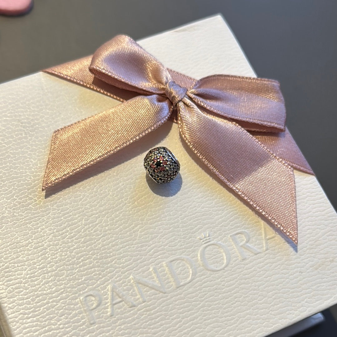 Genuine Pandora Pave Sparkle Ball With Pink and Black Flower