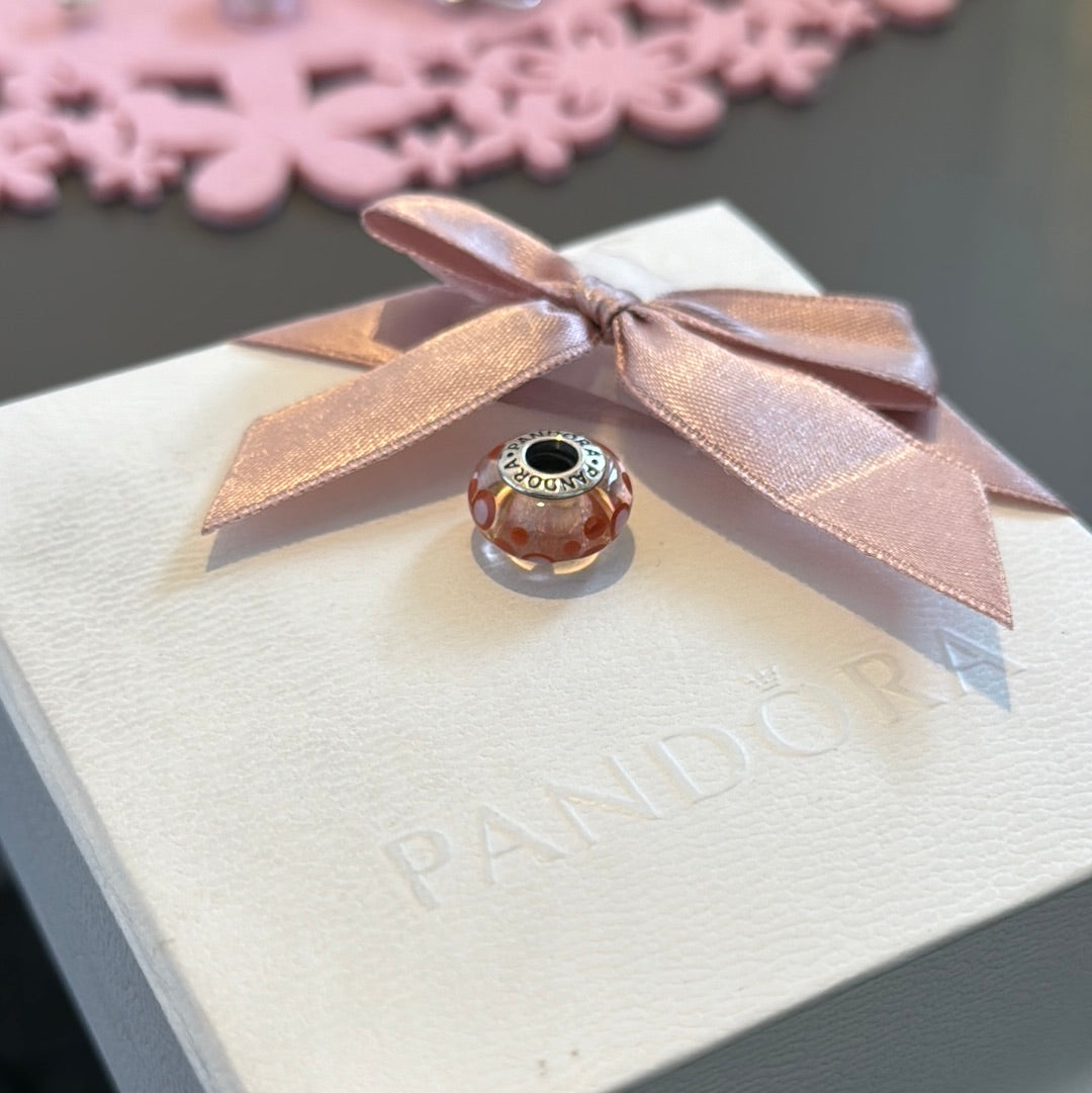 Genuine Pandora Murano Charm With Orange Dots Polka