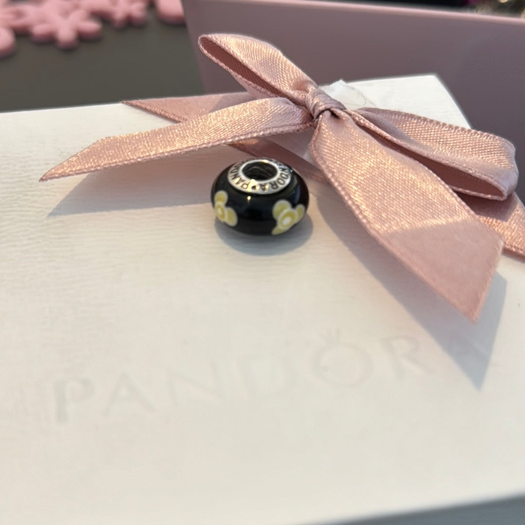 Genuine Pandora Black Glass Charm with Yellow Roses