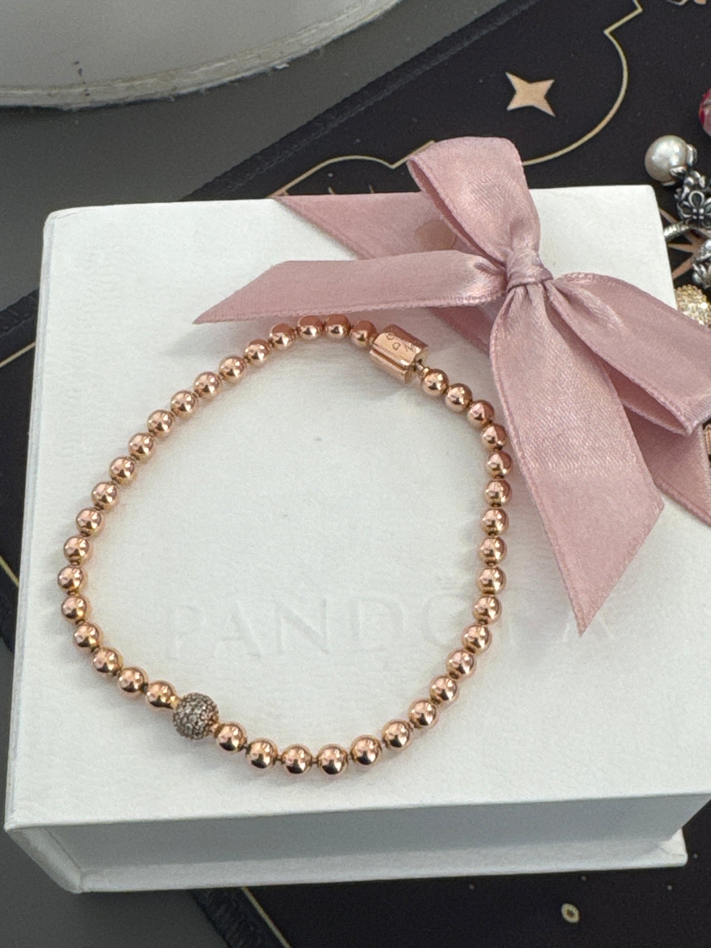 Genuine Pandora Rose Gold Beaded Pave Bracelet 19cm