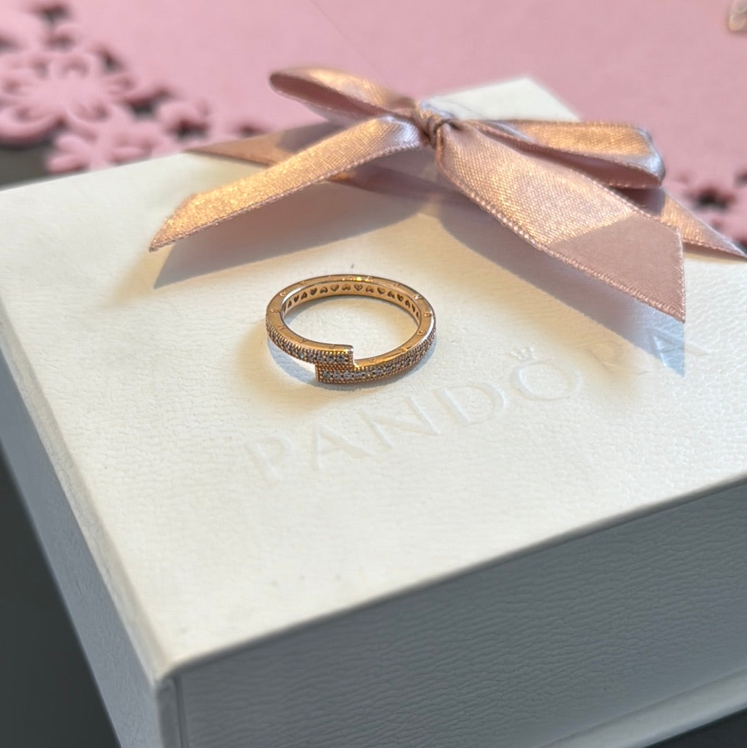 Genuine Pandora Rose Gold / Silver Pave Sparkle Line Logo Ring Size...