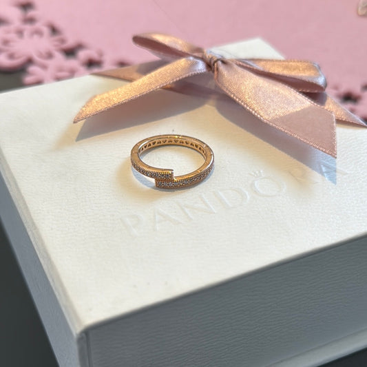 Genuine Pandora Rose Gold Pave Sparkle Line Logo Ring Size 54