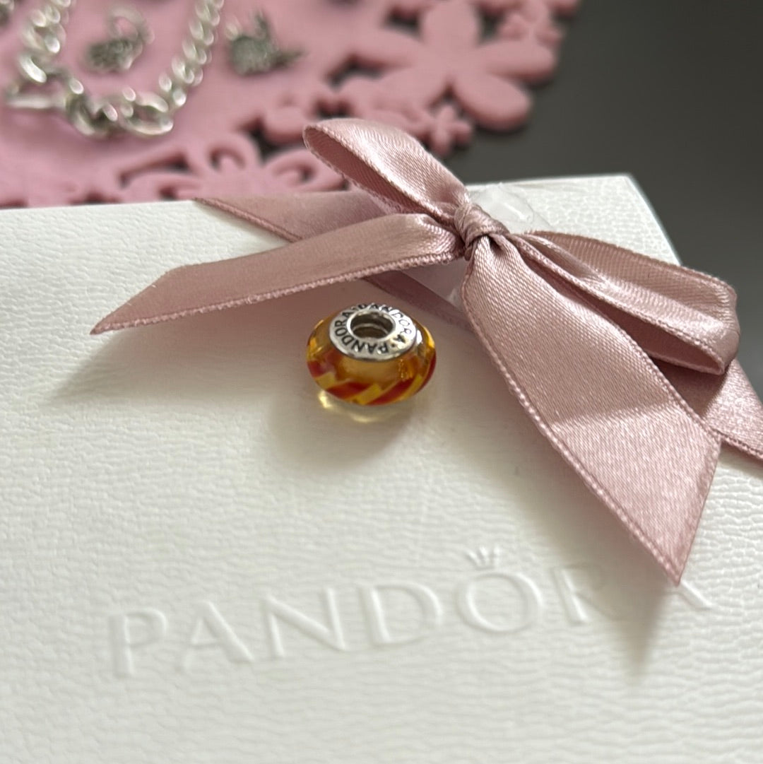 Genuine Pandora Glass Murano Charm Orange and Red Stripe