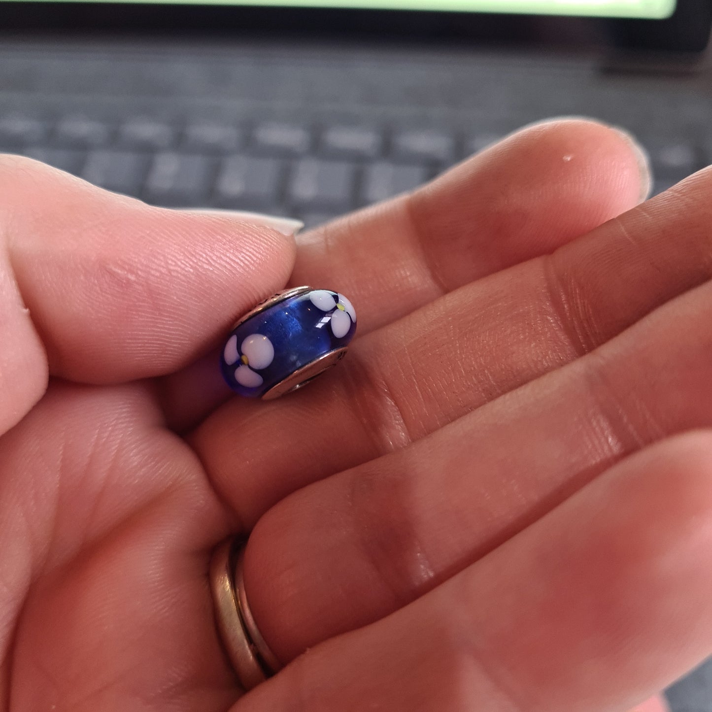 Genuine Pandora Blue/ White Flower Murano Charm