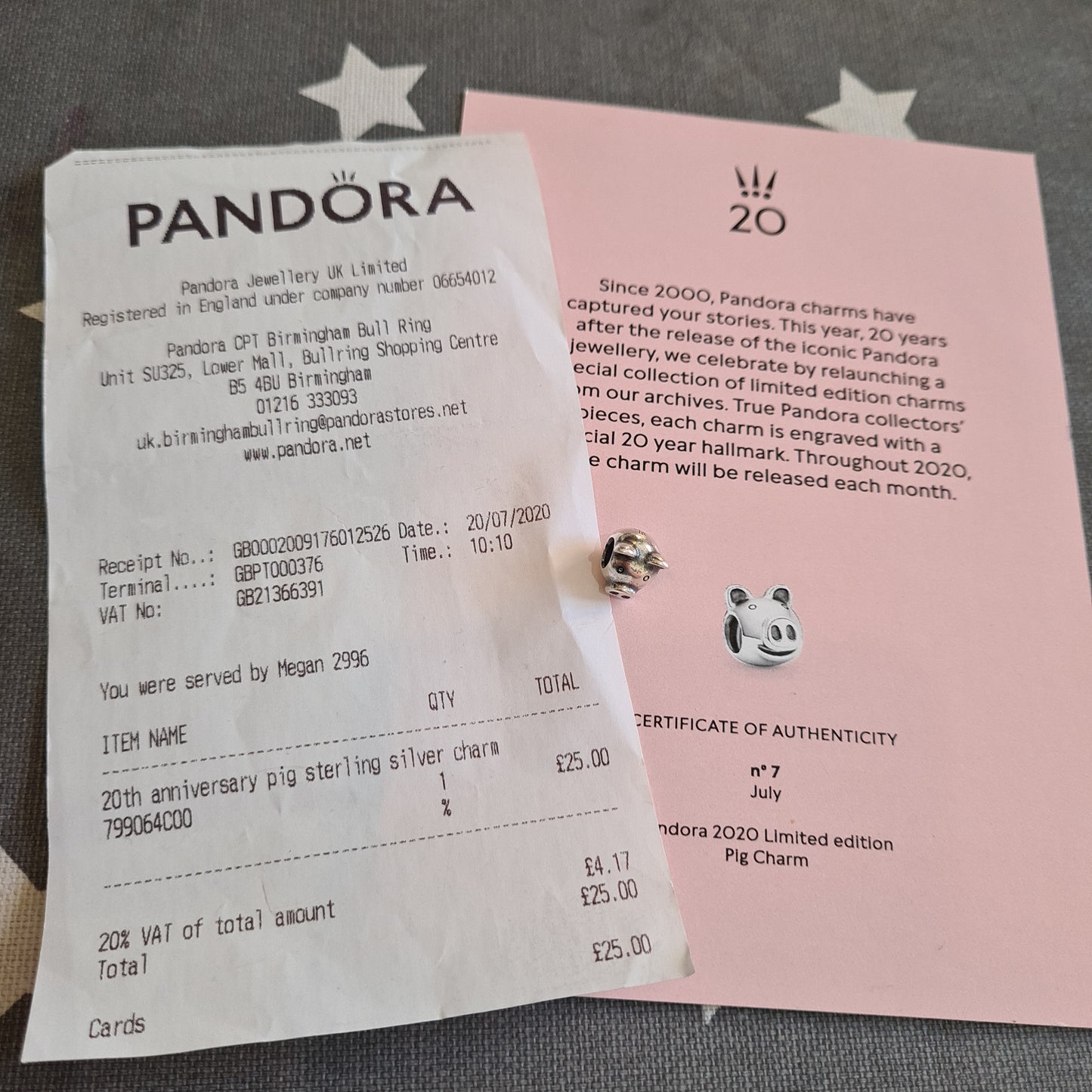 Genuine Pandora 20th Anniversary Pig With Certificate No.7 July