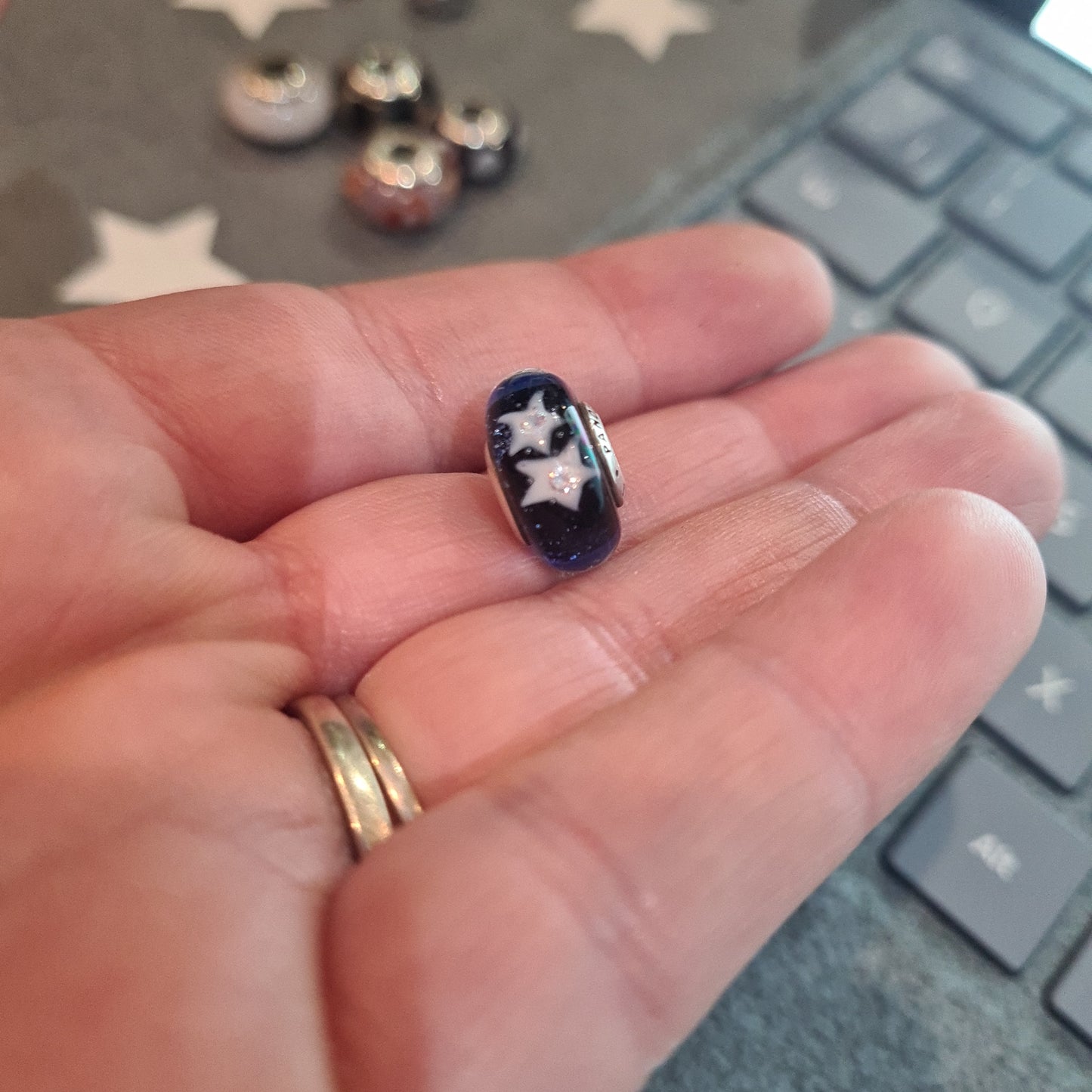 Genuine Pandora Navy Murano with White Star Murano With Glitter Glass Charm