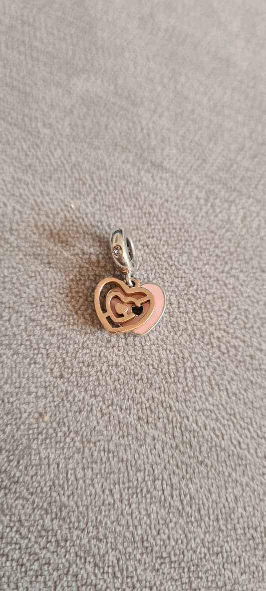 Genuine Pandora Rose Gold Double Heart Enamel Pink Follow Your Heart Charm Dangle