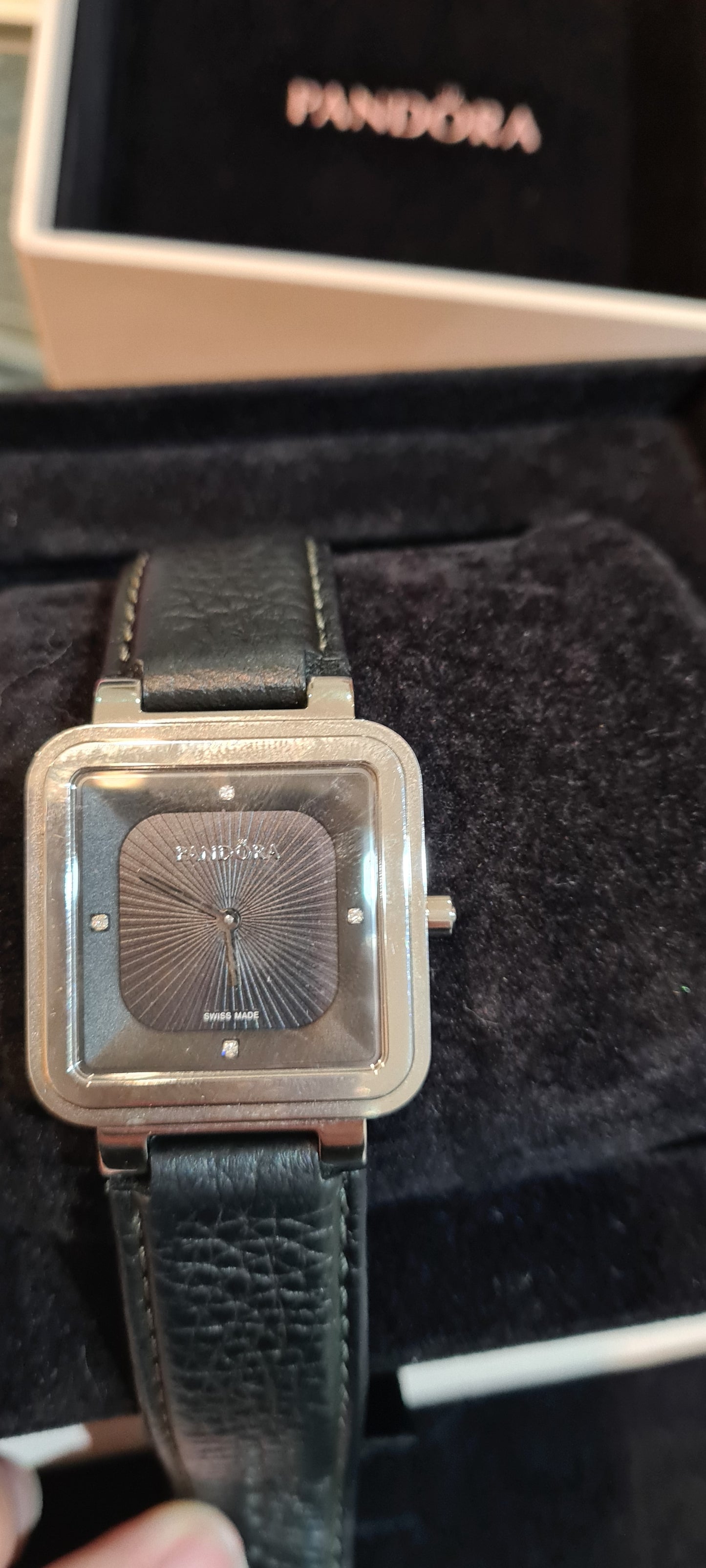 Genuine Pandora Silver Hardware Watch with Black Leather Strap