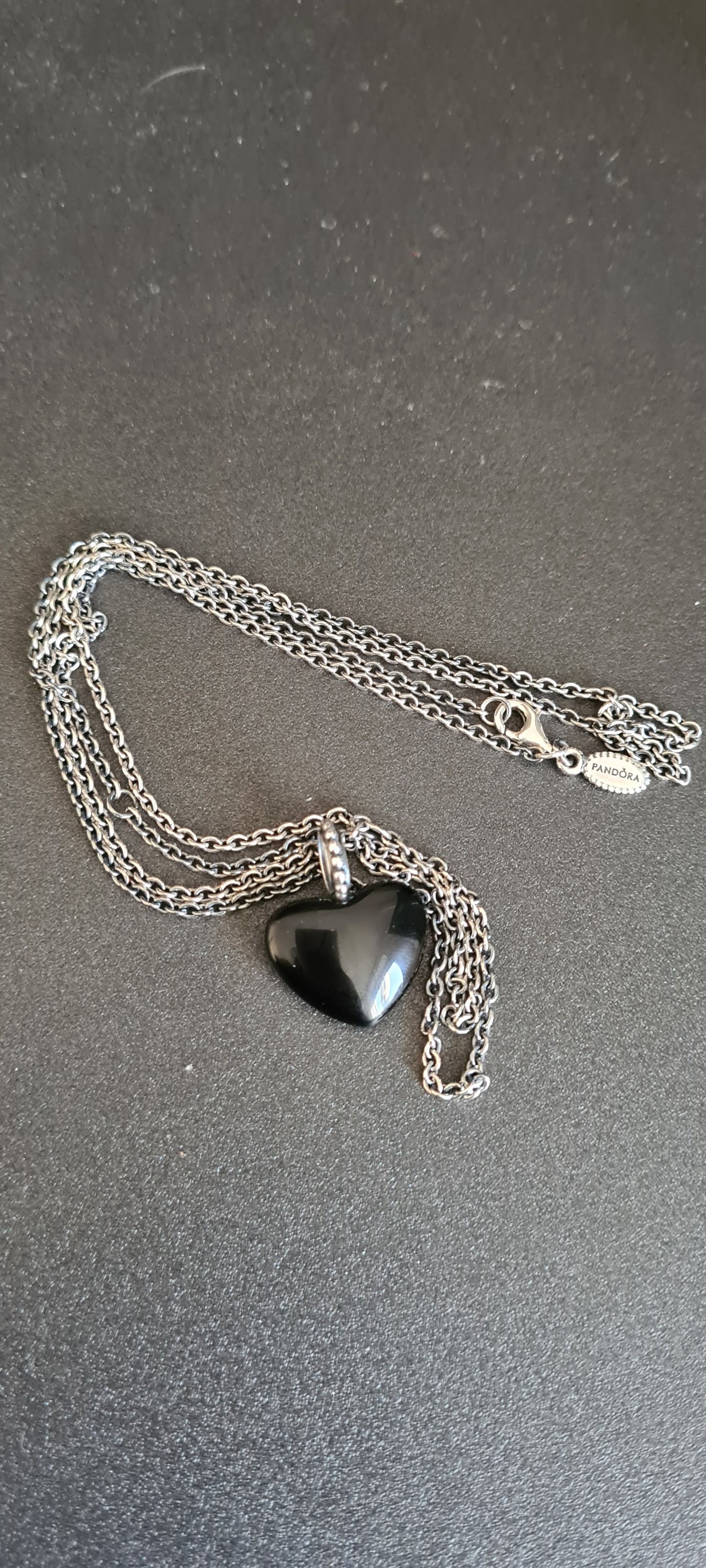 Genuine Pandora Mi Amor Black Onyx Heart Necklace With Long Pandora Chain 90cm