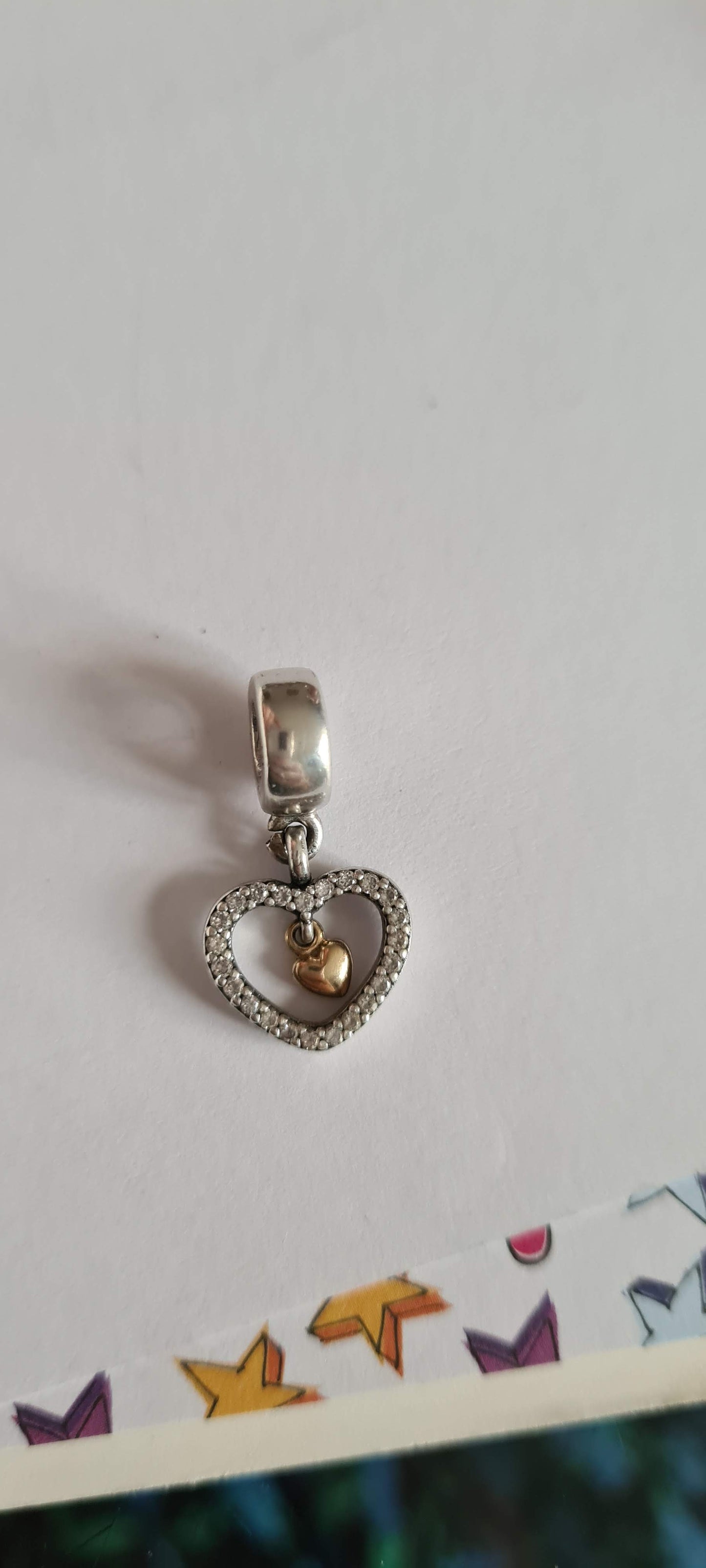 Genuine Pandora Double Heart Sparkling Dangle Charm with Gold Heart