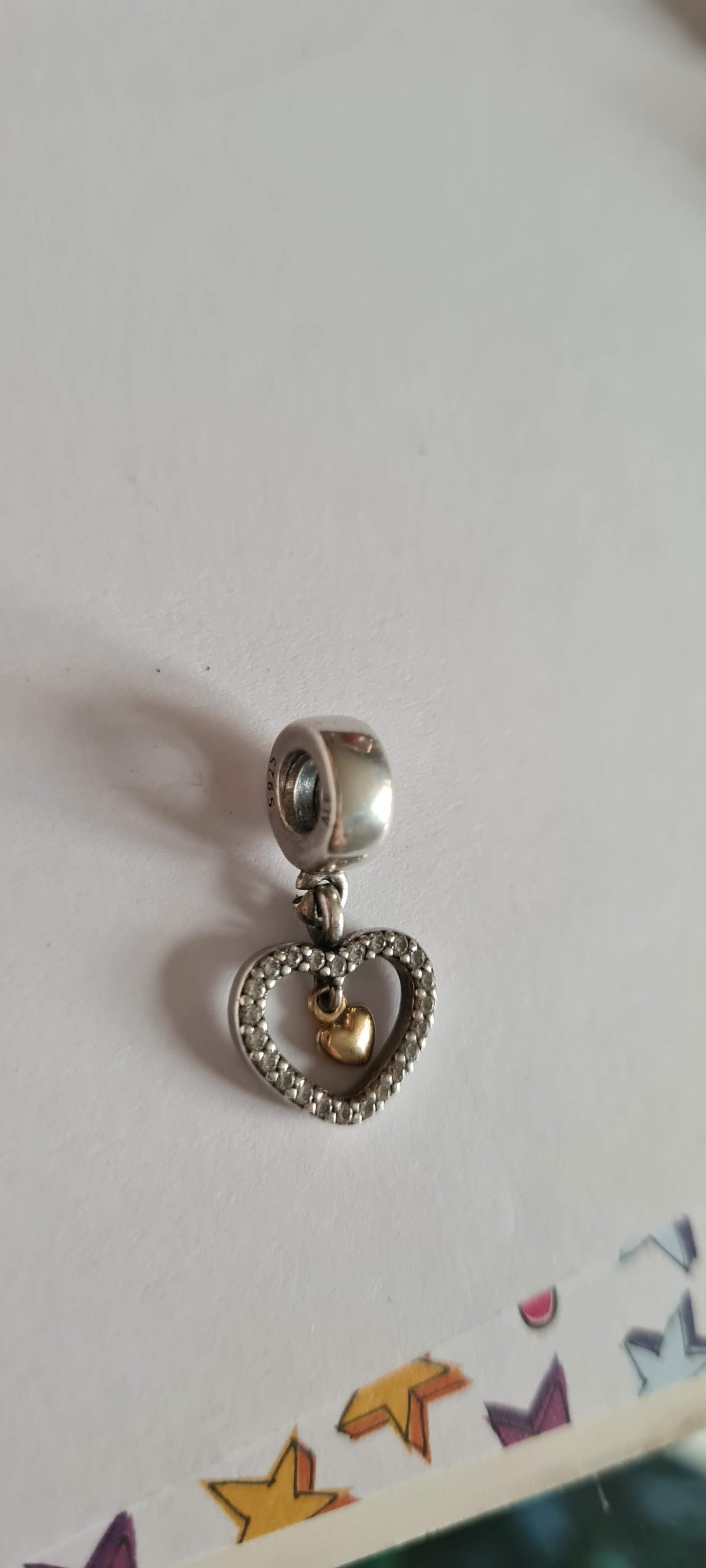 Genuine Pandora Double Heart Sparkling Dangle Charm with Gold Heart