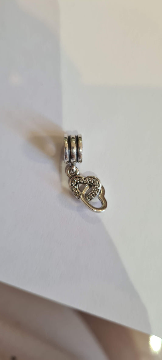 Genuine Pandora Dangle Double heart Pave Interlinked