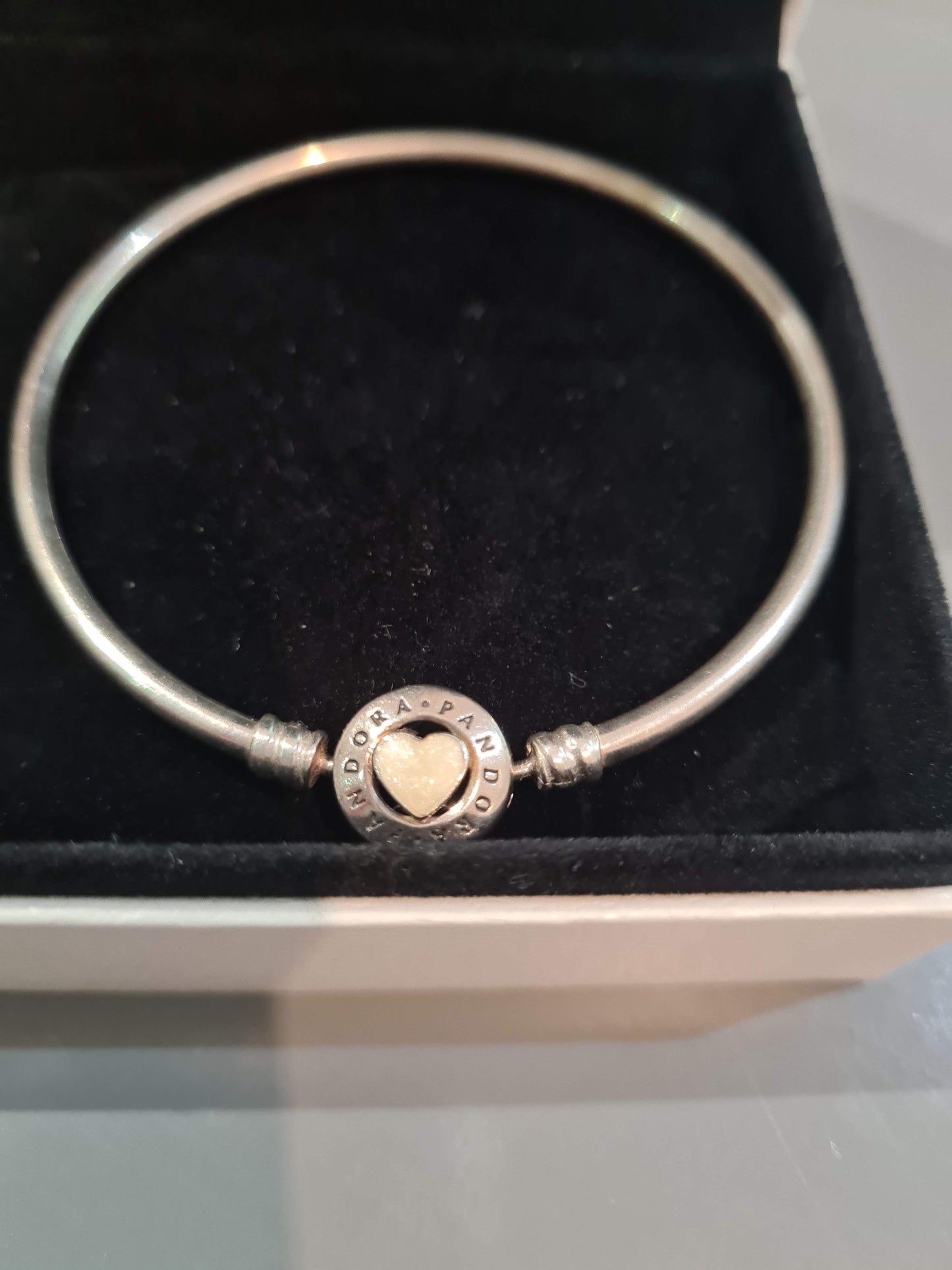 Genuine Pandora Mother of Pearl Heart Clasp Bangle with You Are So Loved Inscribed HTF