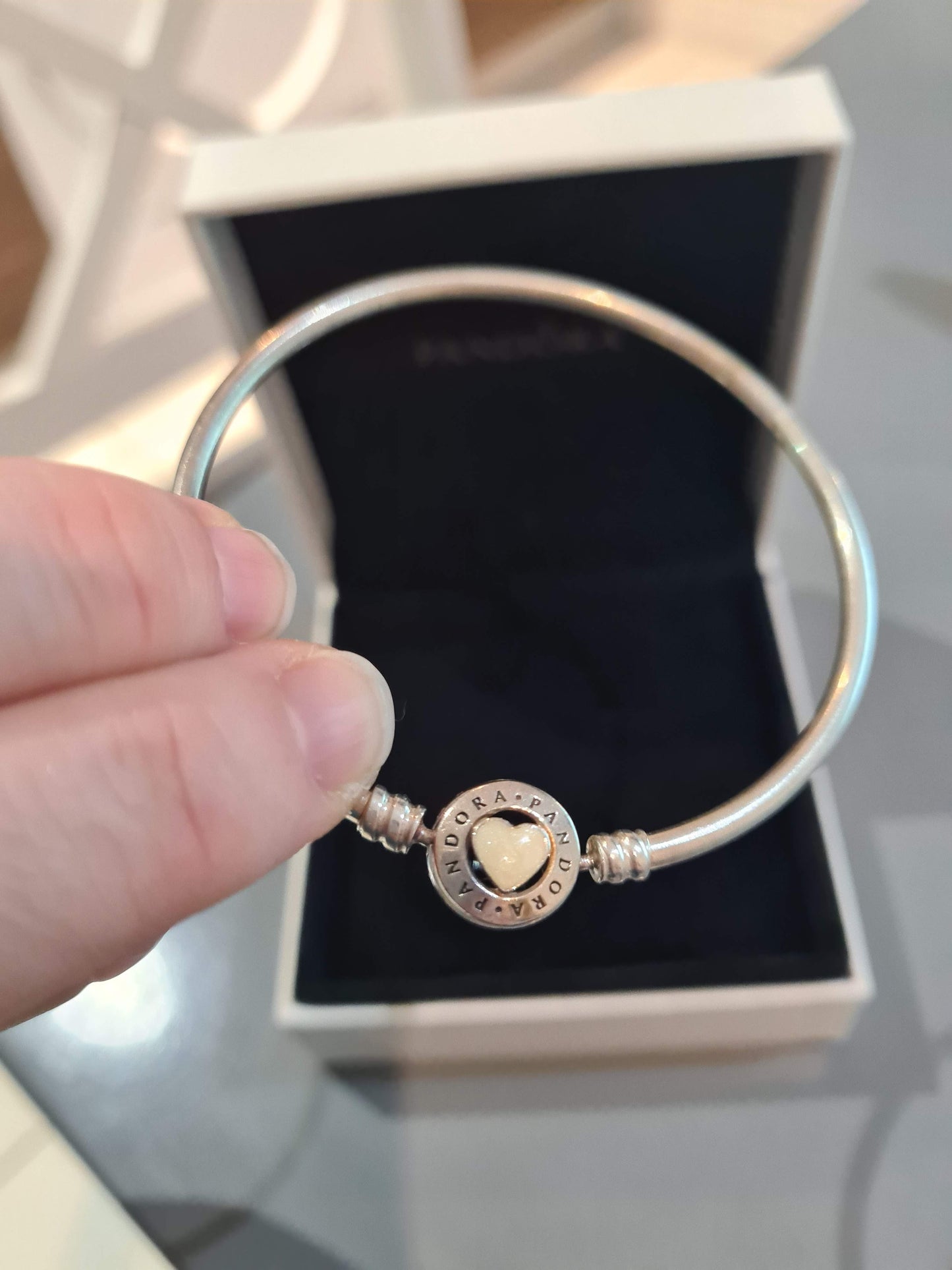 Genuine Pandora Mother of Pearl Heart Clasp Bangle with You Are So Loved Inscribed HTF