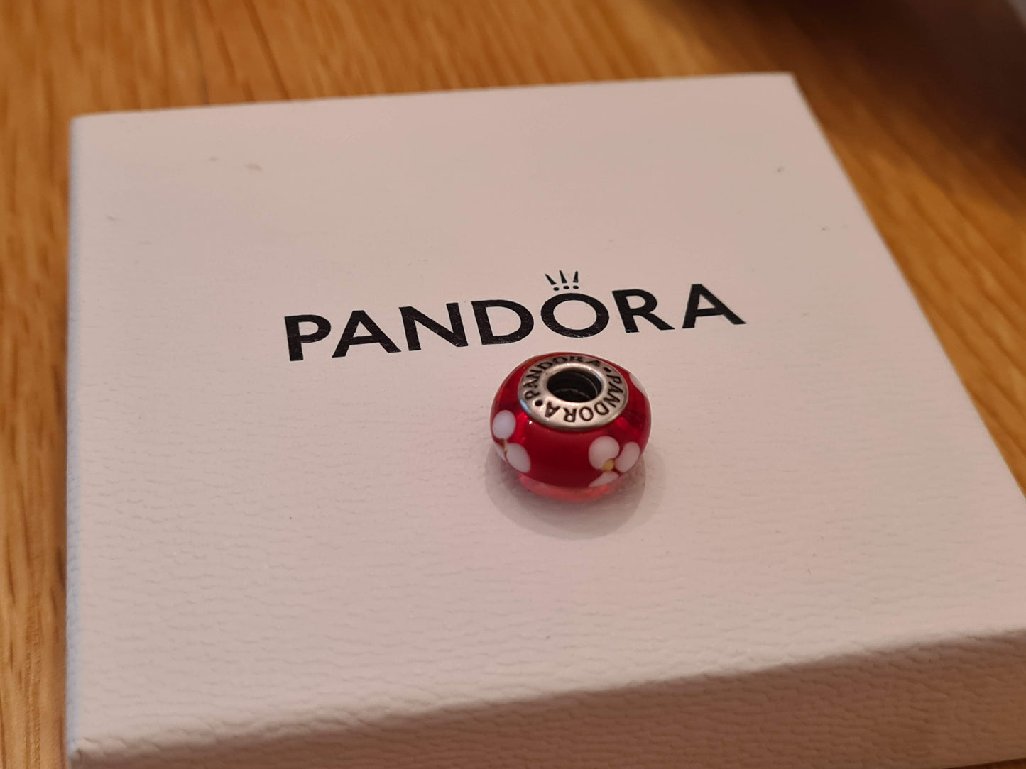 Genuine Pandora Red Murano with White Flower Glass Charm