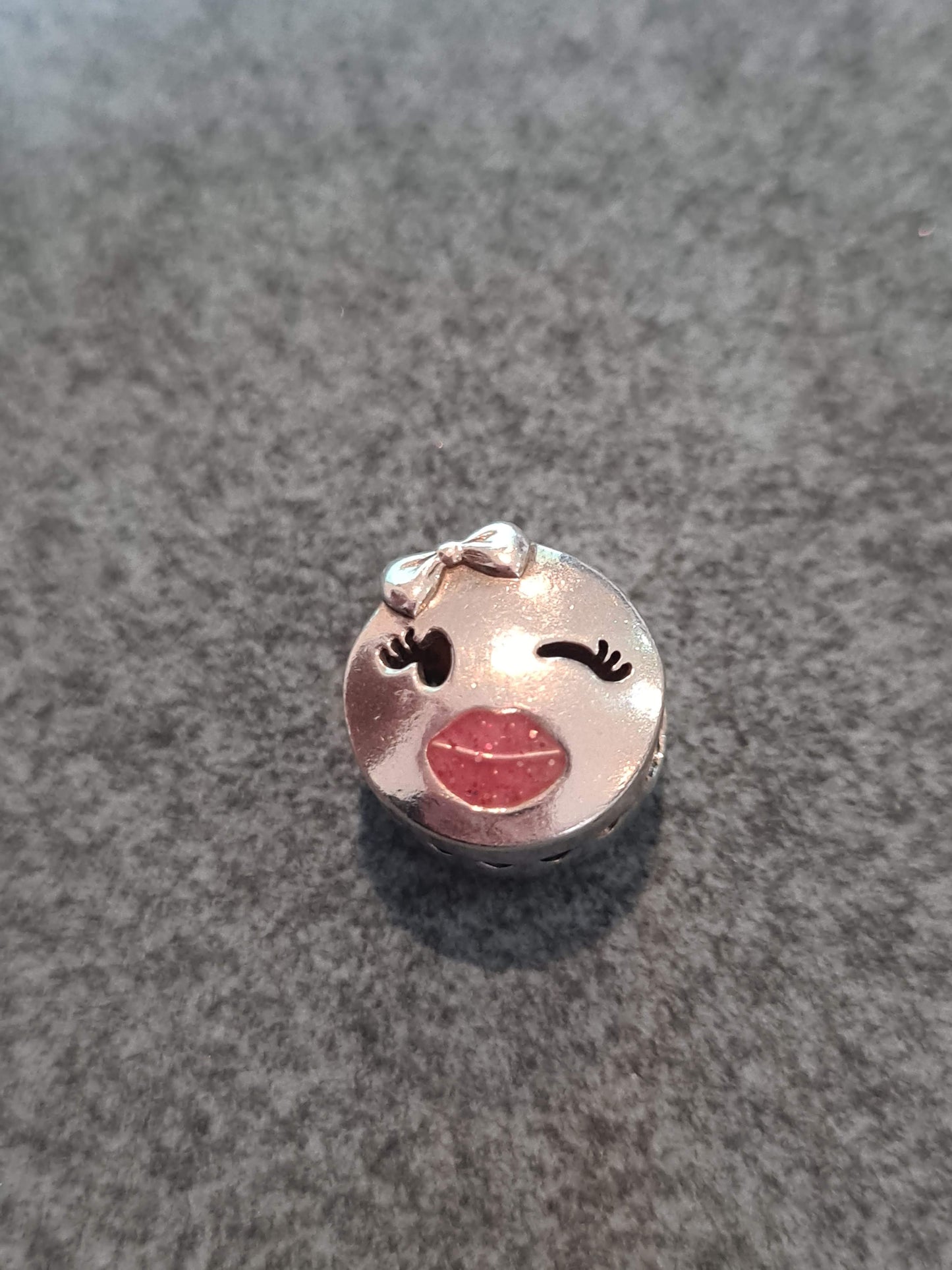 Genuine Pandora Wink Face Emoji Charm with Pink Enamel Lips