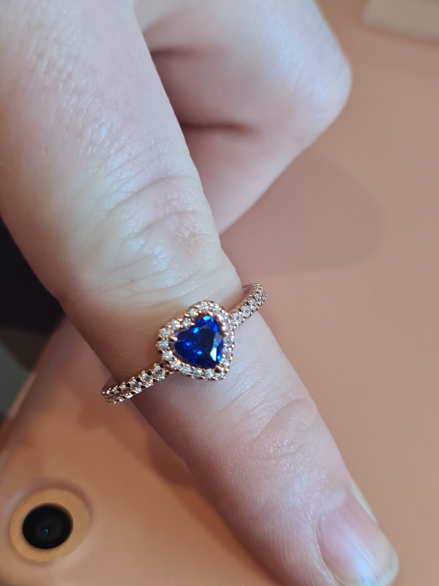 Genuine Pandora Rose Gold Pave Blue Stone Heart Ring Beautiful