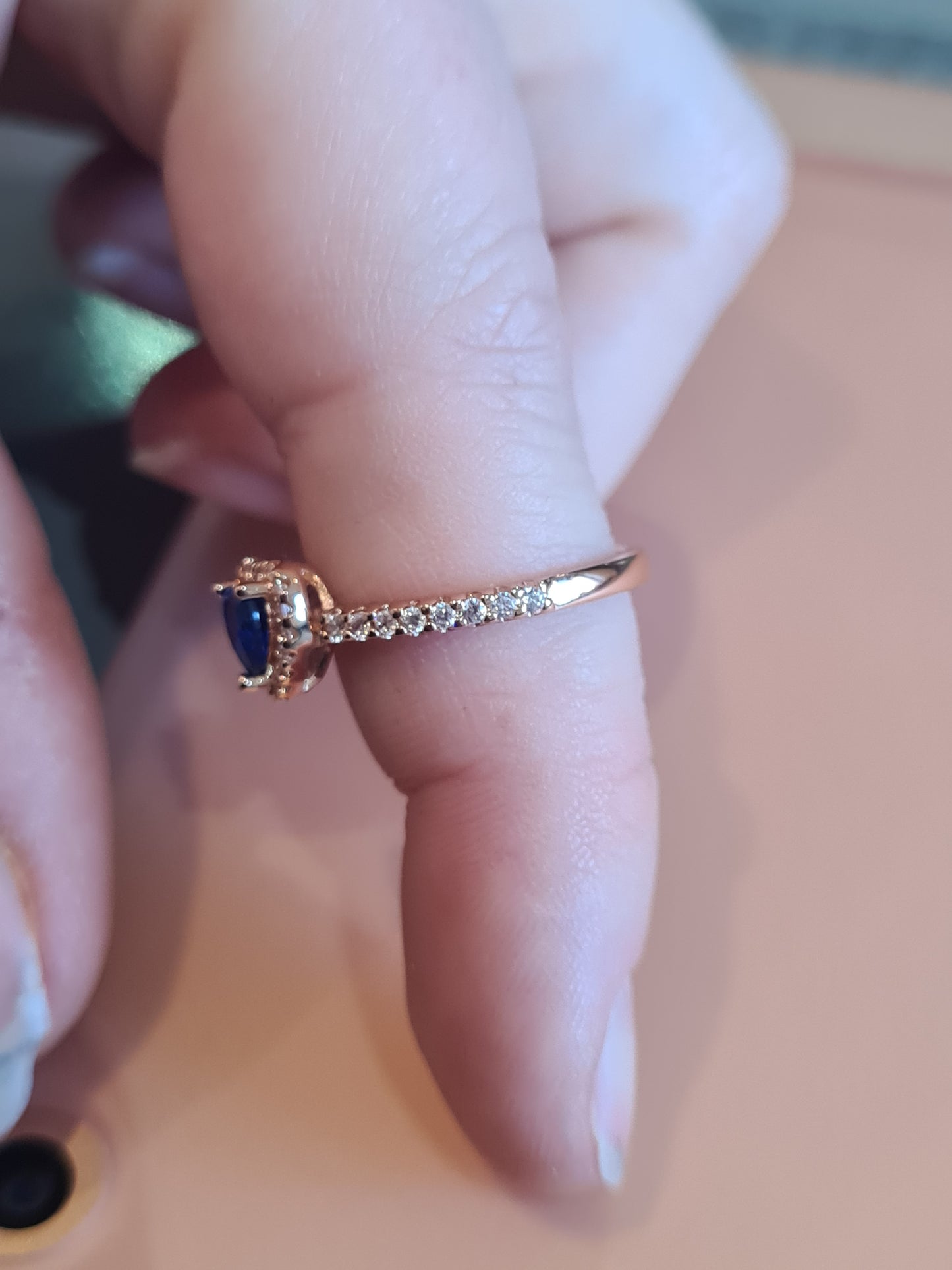 Genuine Pandora Rose Gold Pave Blue Stone Heart Ring Beautiful