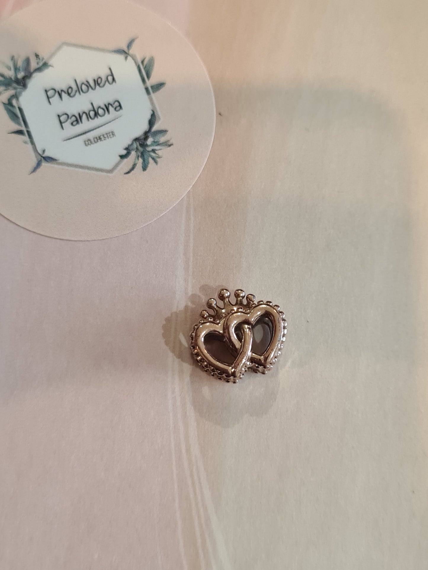 Genuine Pandora Rose Gold Double Heart Charm With Crown
