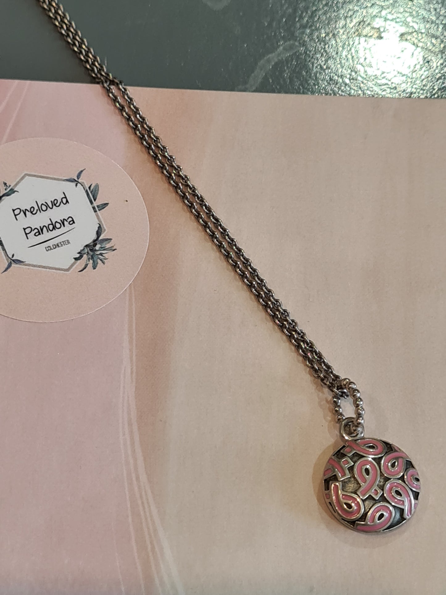 Genuine Pandora Breast Cancer Pendant With 80cm Chain Retired and Rare Necklace