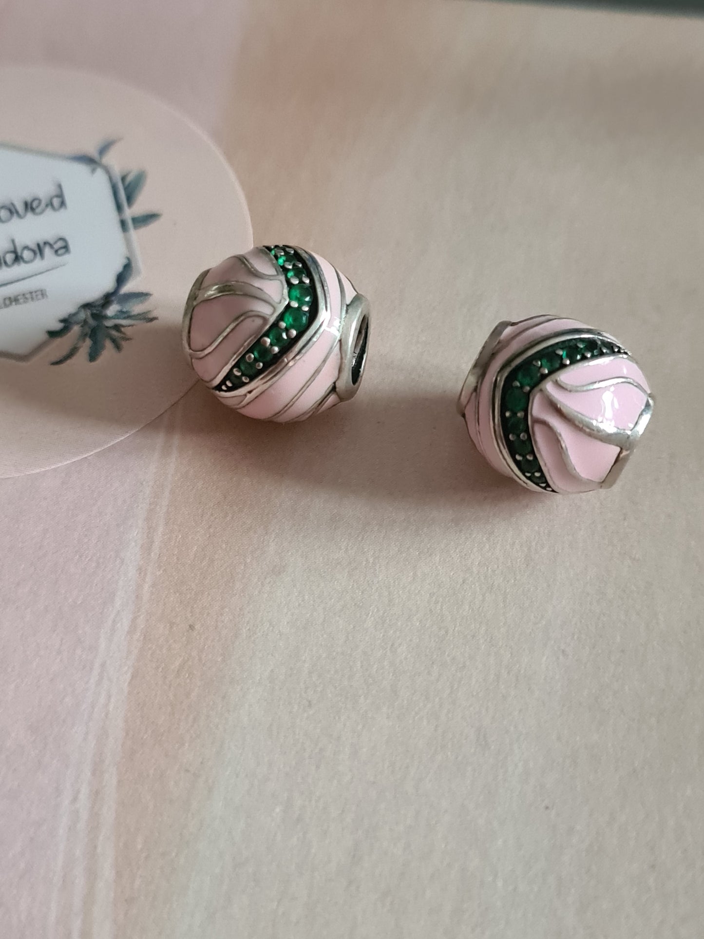 Sterling Silver Pink Enamel Ball Charms With Striking Green Stones