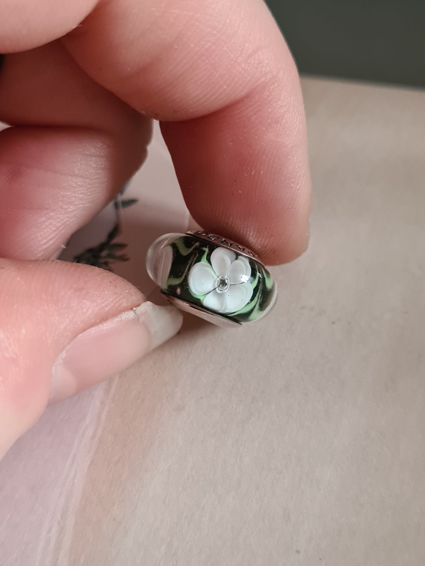 Green and White Beautiful Flower Murano Glass Charm