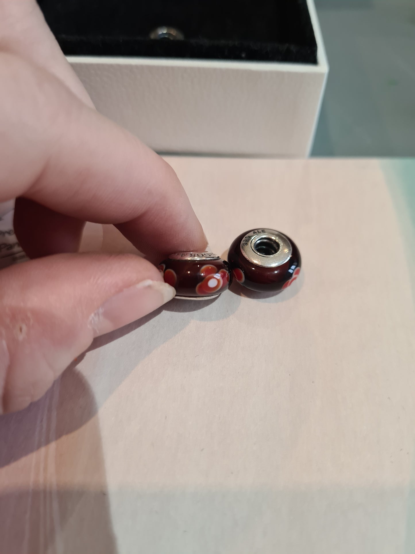 Genuine Pandora Dark Red Murano Glass Charm With Red Flowers