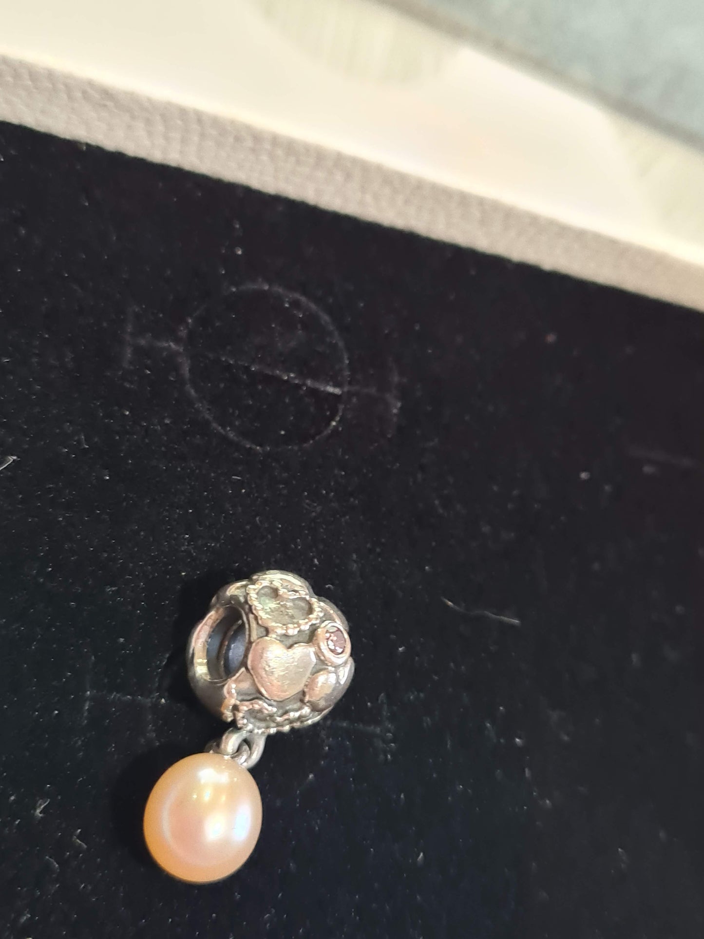 Genuine Pandora Pink Pearl Droplet Retired Dangle Charm With CZ Heart