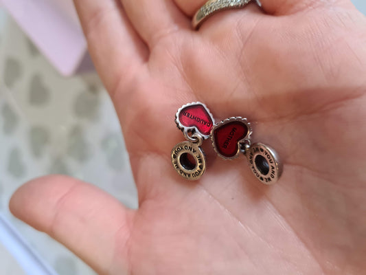 Genuine Pandora Red Retired Mother and Daughter Enamel Charms Two Halves of a Heart