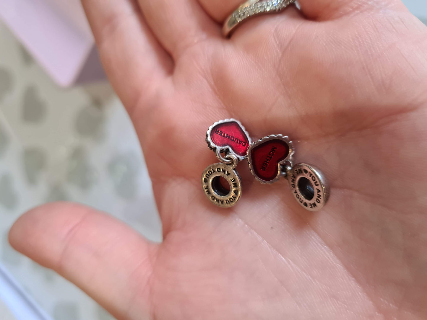 Genuine Pandora Red Retired Mother and Daughter Enamel Charms Two Halves of a Heart