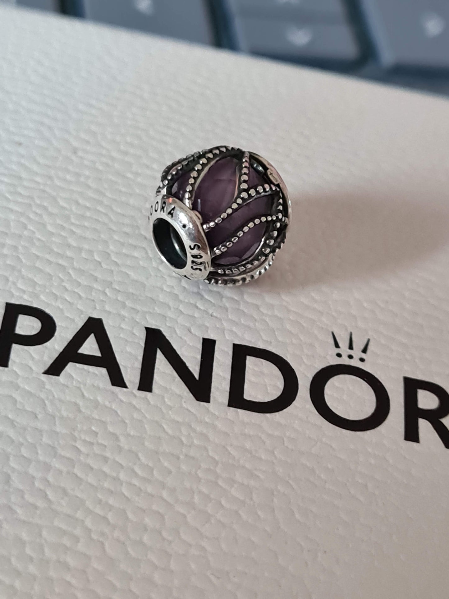 Genuine Pandora Intertwined Purple Glass Leaf Beaded Silver Charm