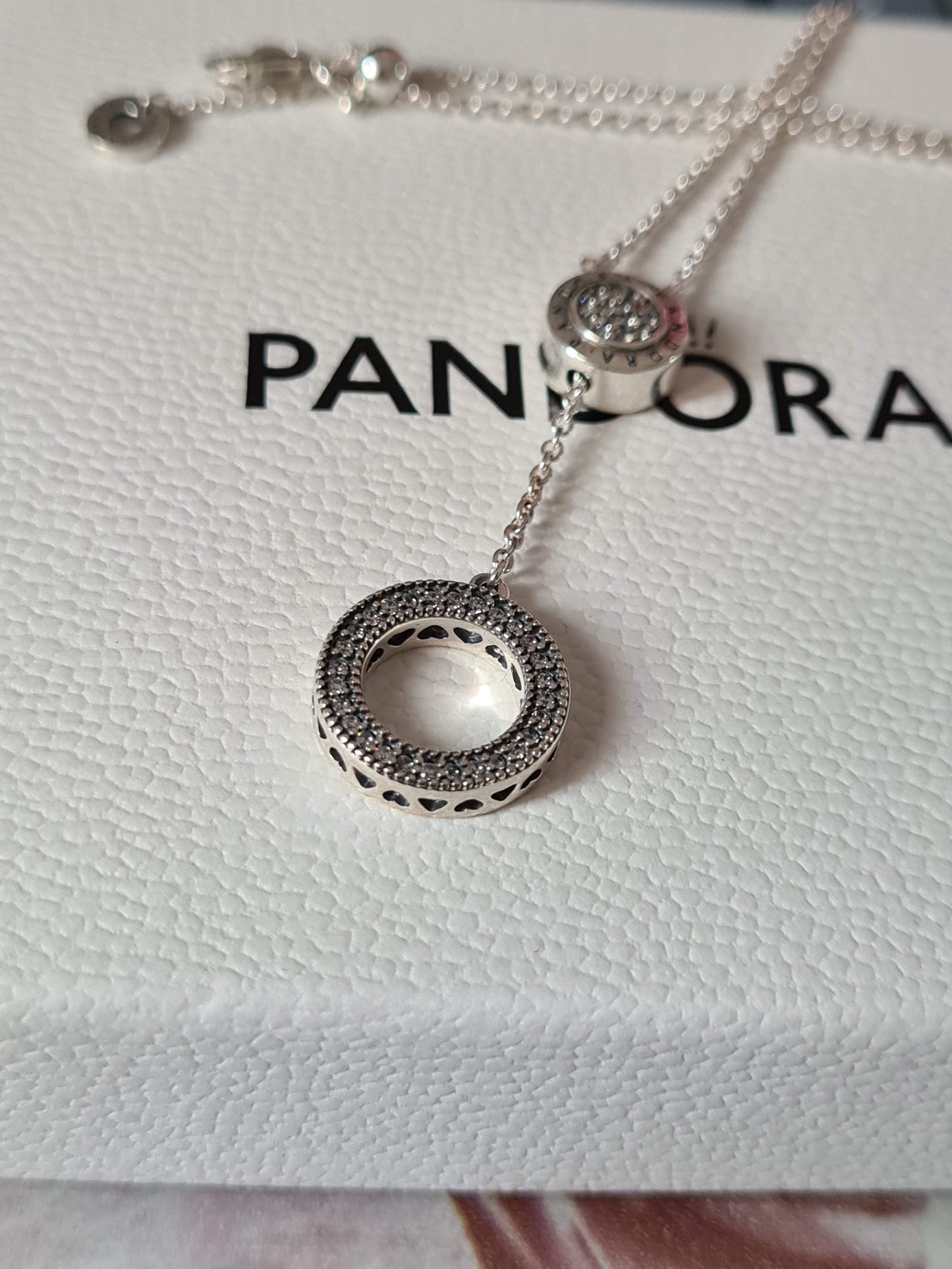 Genuine Pandora Medium Pave Circle Necklace With Adjustable Logo Pave Button BEAUTIFUL