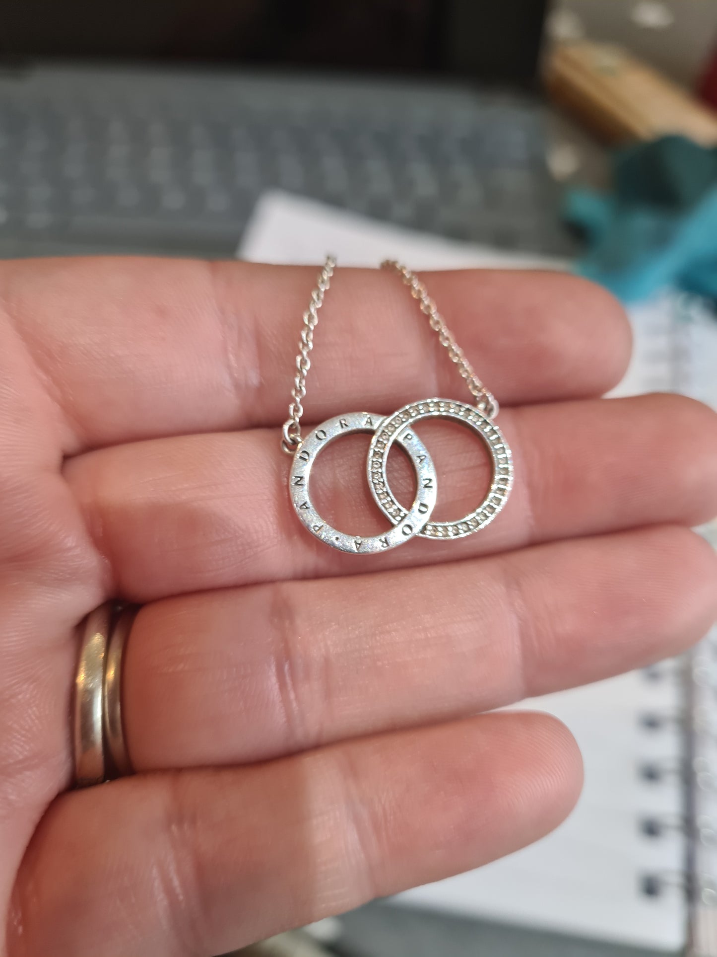 Genuine Pandora Pave Two Entwined Circles Necklace With Logo Pave