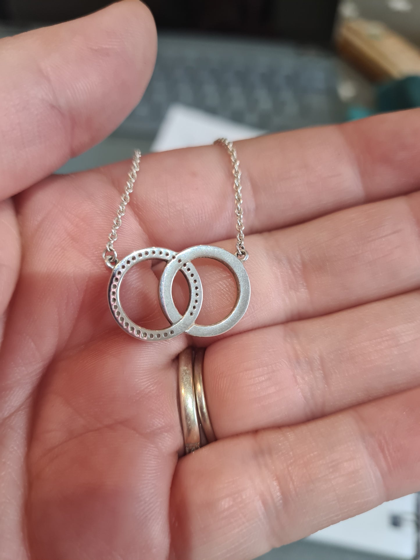 Genuine Pandora Pave Two Entwined Circles Necklace With Logo Pave