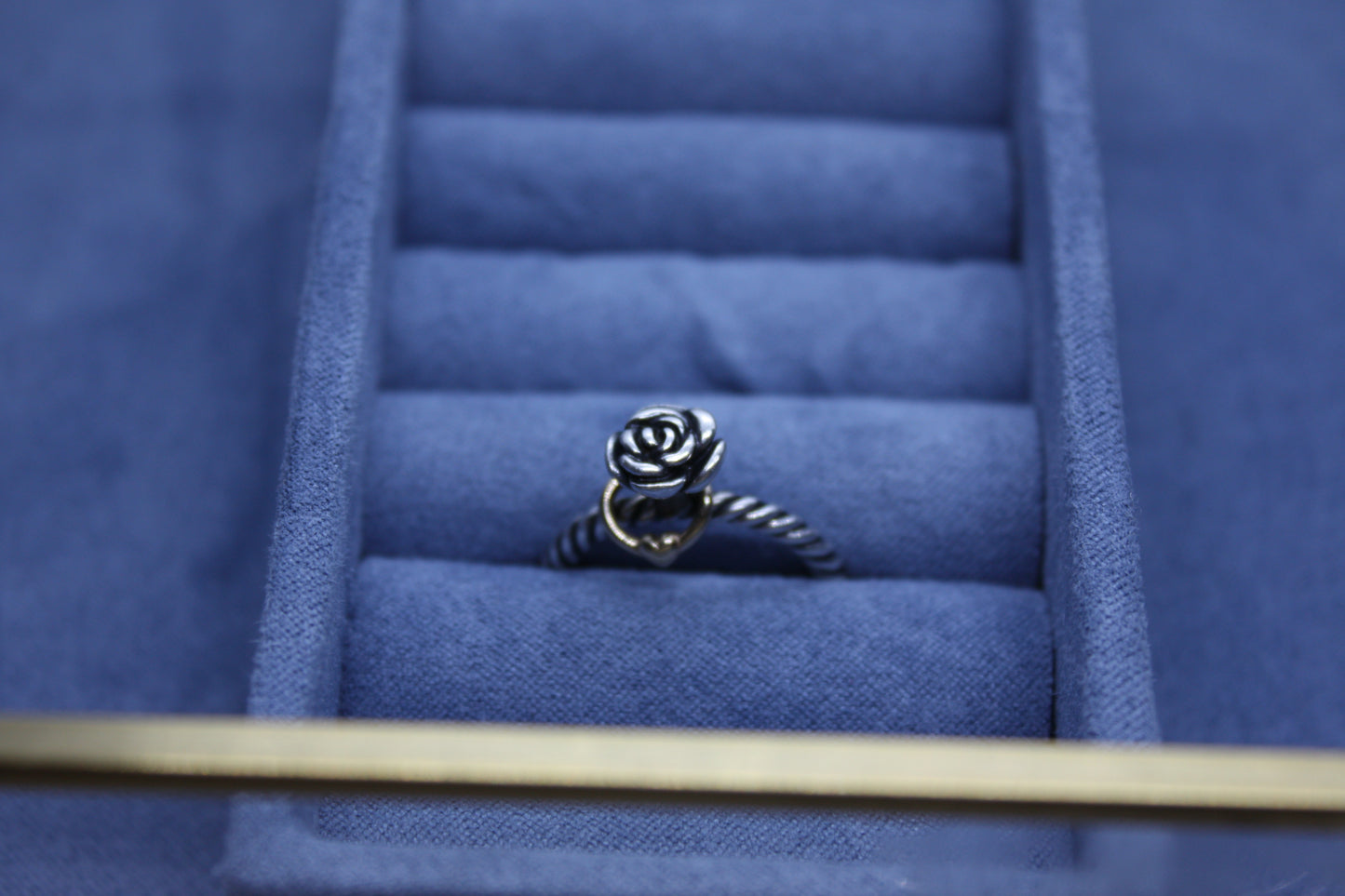 Pandora Vintage Rose Oxidised Ring Rare with 14K Gold Hoop
