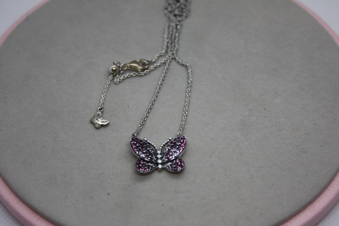 Genuine Pandora Pink Pave Beautiful Sparkle Butterfly Necklace