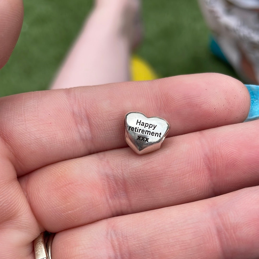 Genuine Pandora Silver Puffed Heart Charm With 'Happy Retirement ' Wording