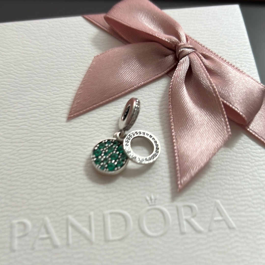 Genuine Pandora Green Pave Double Circle Pink CZ Dangle Charm