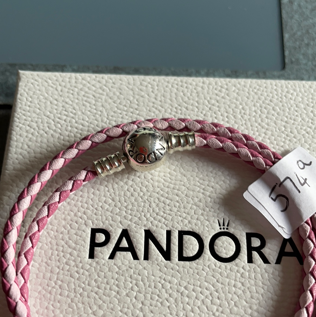 Genuine Pandora Double Wrap Leather New Style Clasp Pink and Light Pink Weave Small Medium