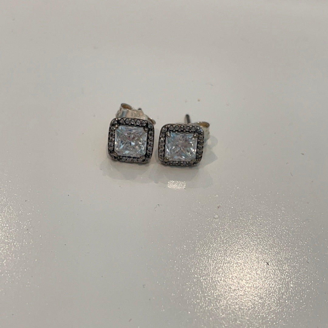 Genuine Pandora Silver / Rose Gold Pave Square Stone Sparkle Studs Earrings